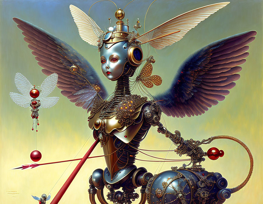 Steampunk-inspired humanoid robot with wings and orbs in surreal painting