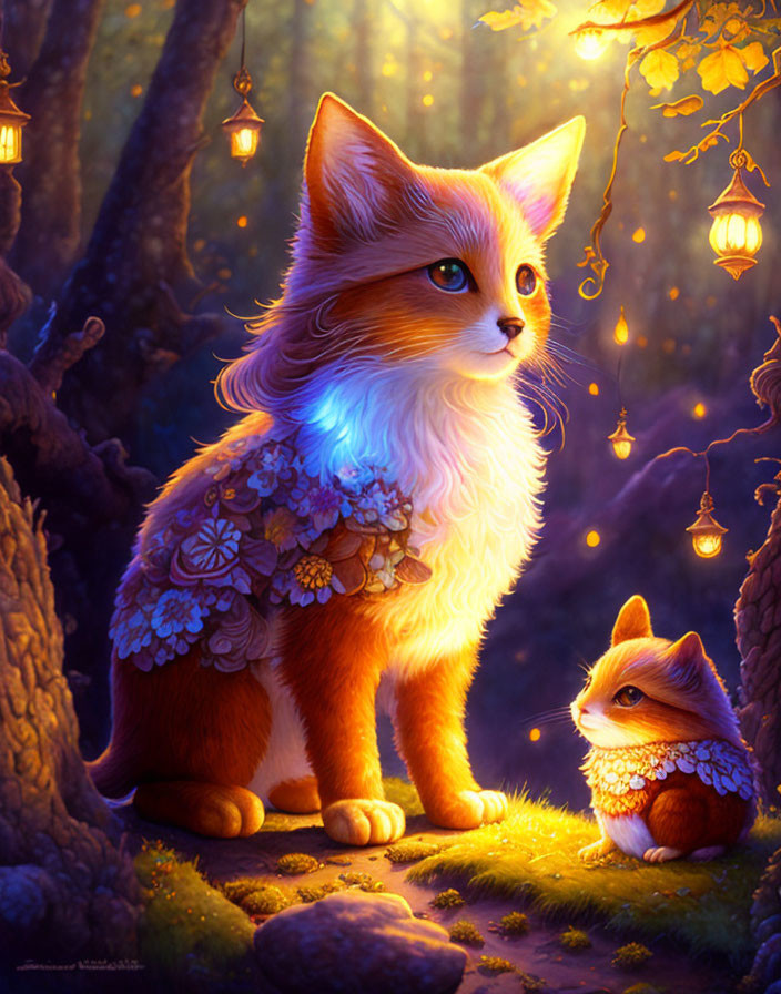 Two cats with floral-patterned fur in enchanted forest with lanterns and autumn leaves