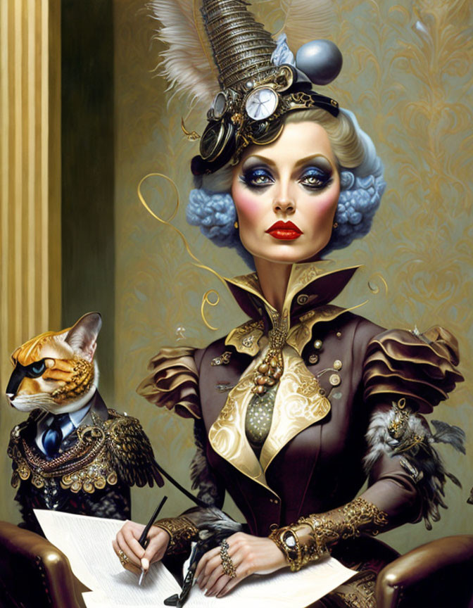 Woman with elaborate hat and stylized makeup in vintage setting with cat in glasses and ruff.
