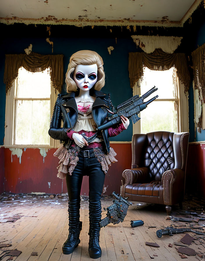 Stylized doll with punk outfit and toy gun in grungy room