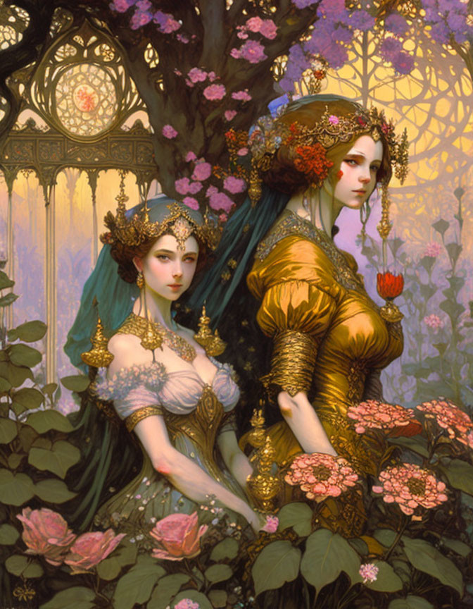 Elaborately dressed women with crowns in fantasy setting