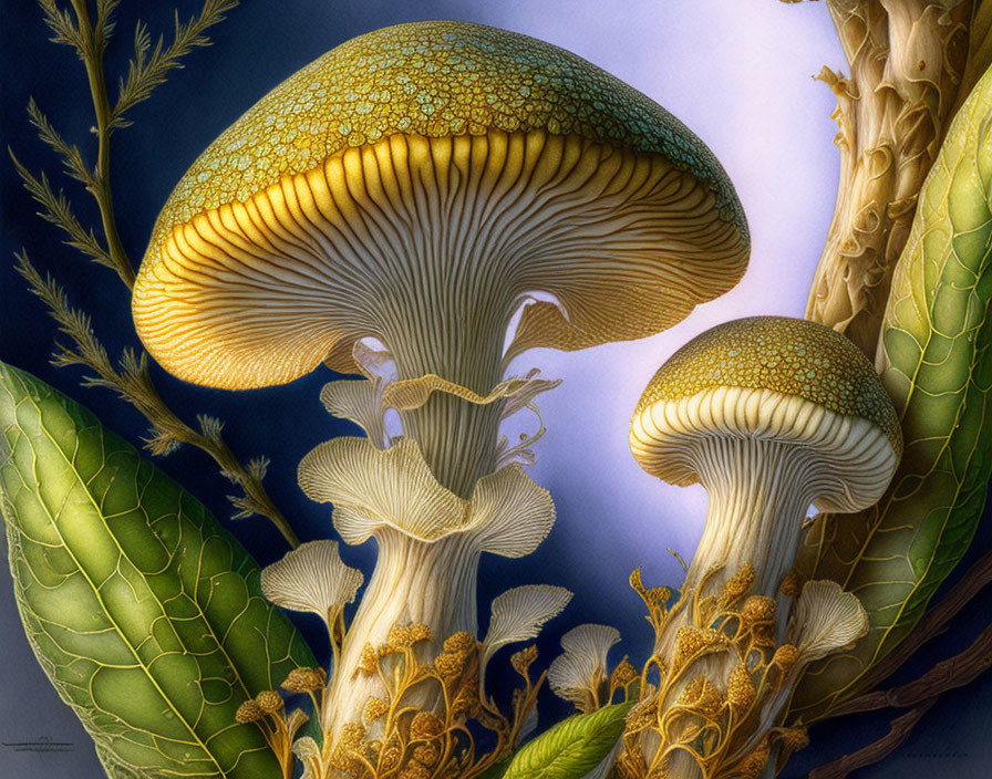 Detailed Mushroom Illustration Surrounded by Lush Vegetation