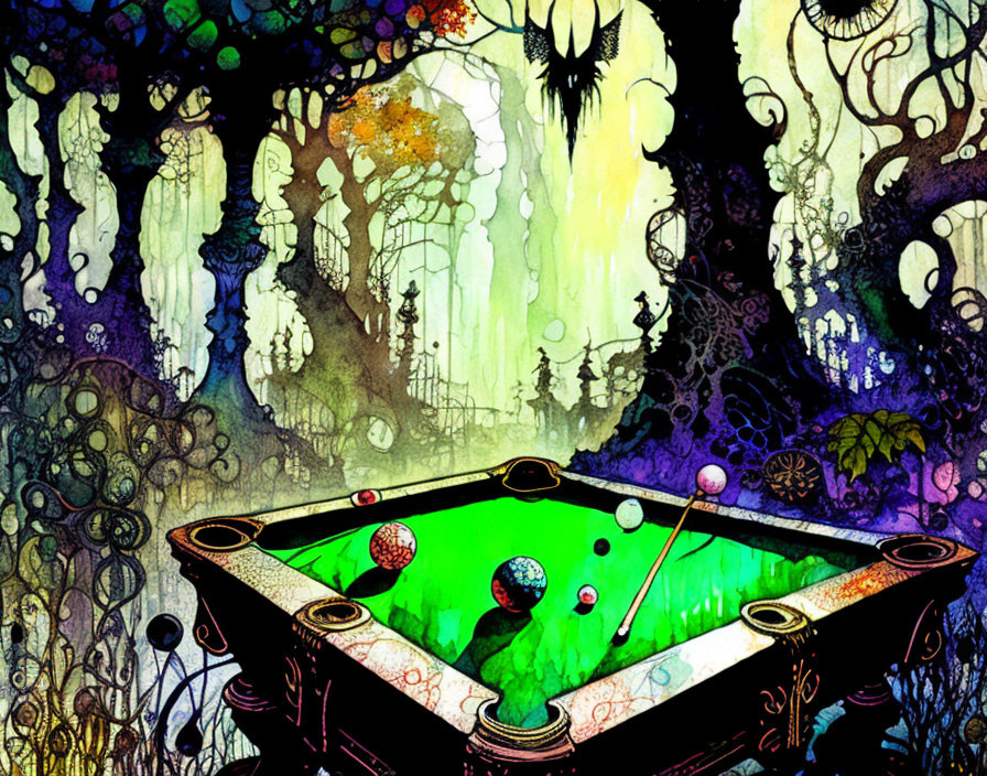 Fantastical billiards table in enchanting forest setting