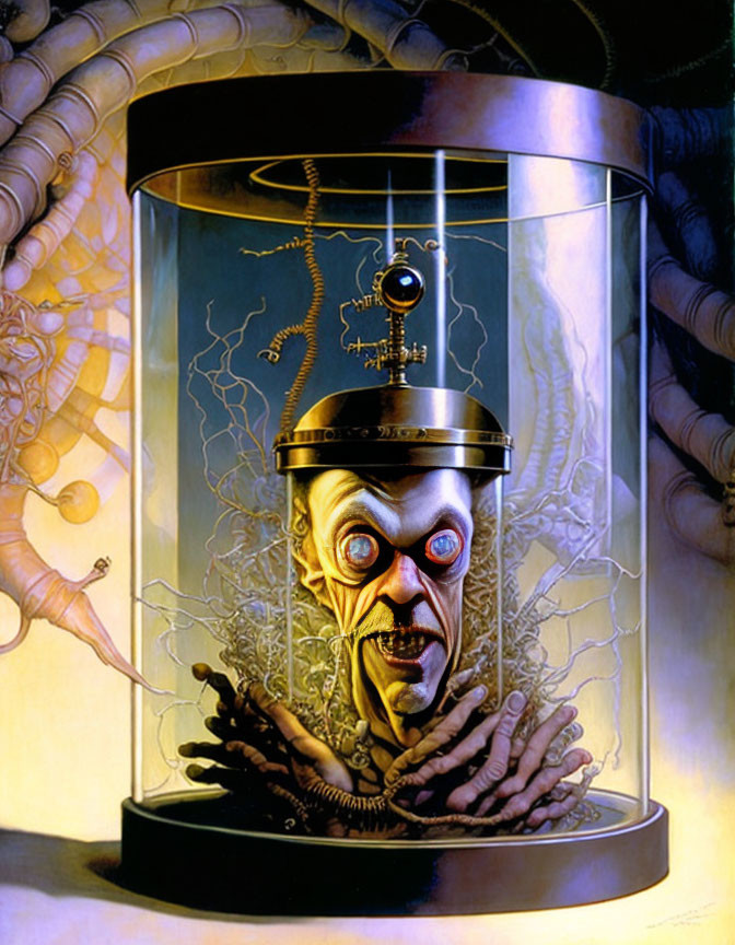 Surreal painting: Mechanical head with brain circuits in glass container