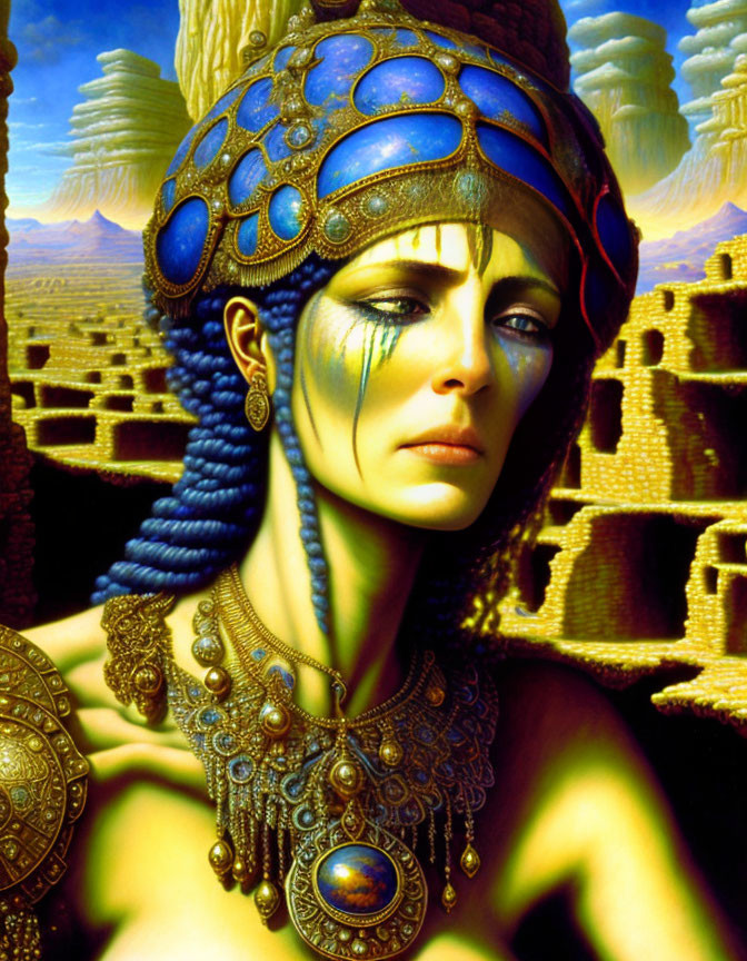 Woman with Blue and Gold Headdress and Ancient Structures in Golden Sky