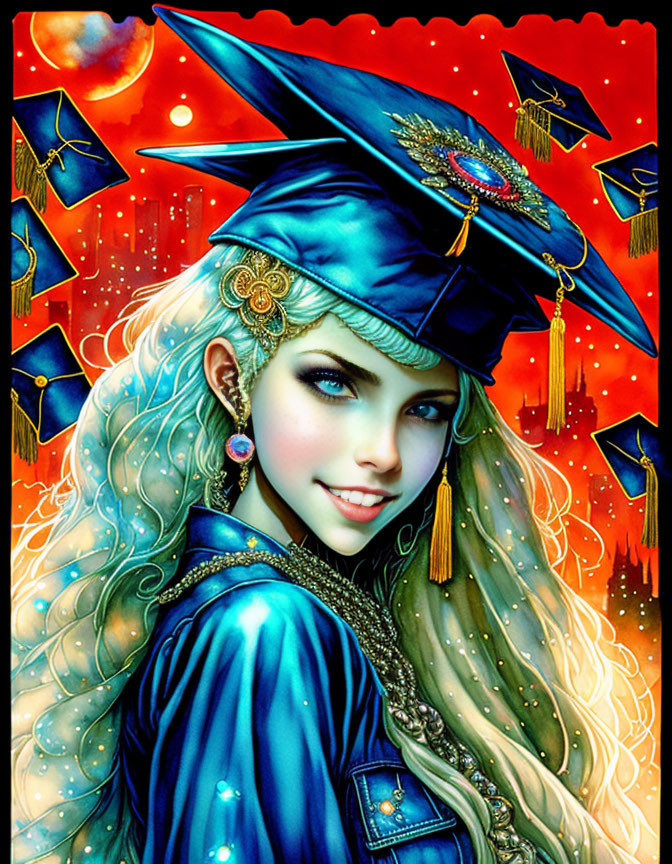 Woman with long wavy hair in blue graduation cap against cosmic backdrop