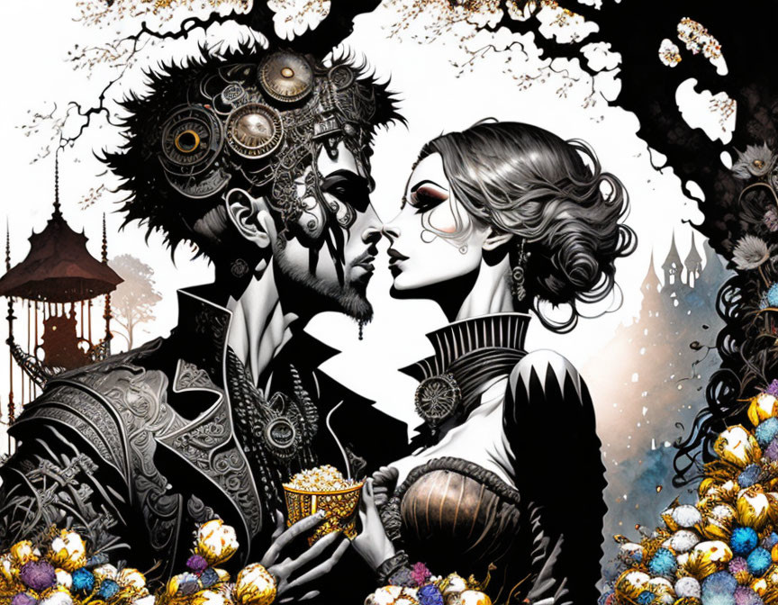 Gothic Steampunk Couple Illustration with Mechanical and Floral Motifs