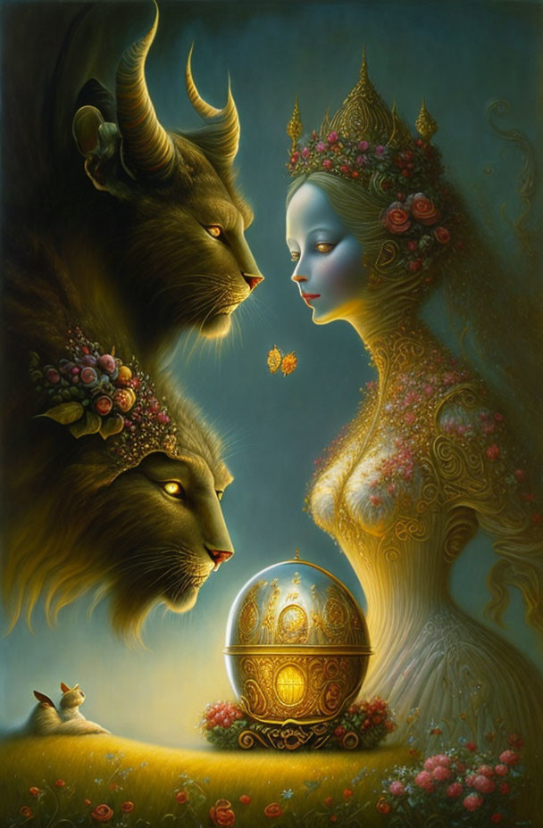 Mystical artwork: Blue-skinned woman, lion, and golden orb.