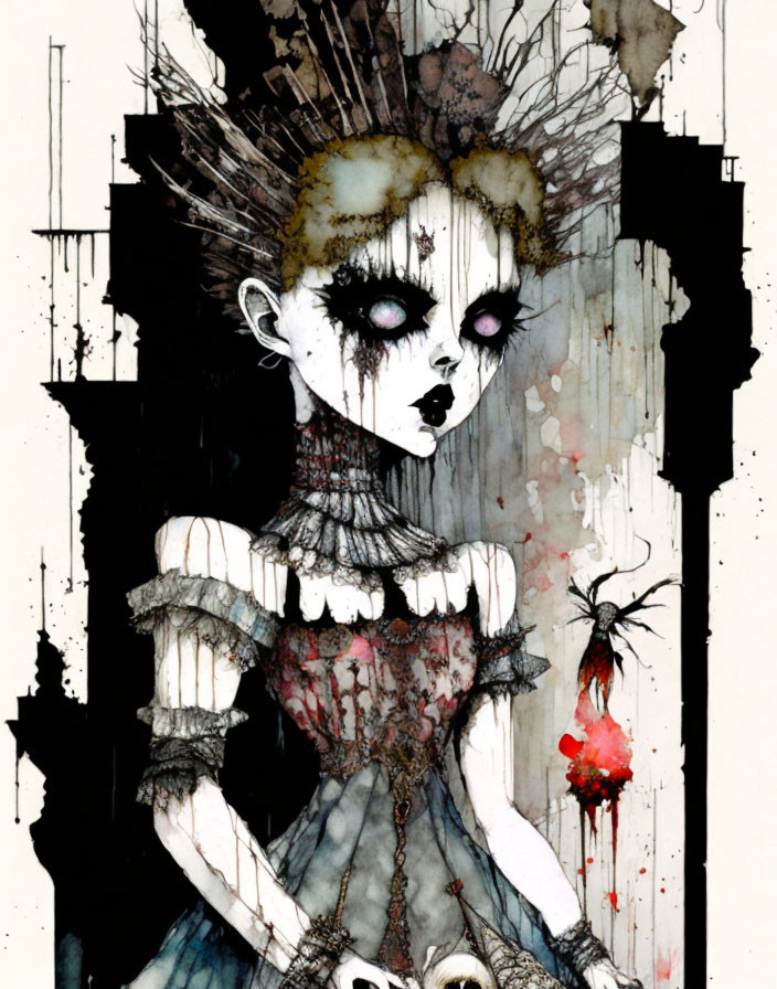 Gothic-style illustration: Pale girl with dark eyes in tattered dress, surrounded by black ink