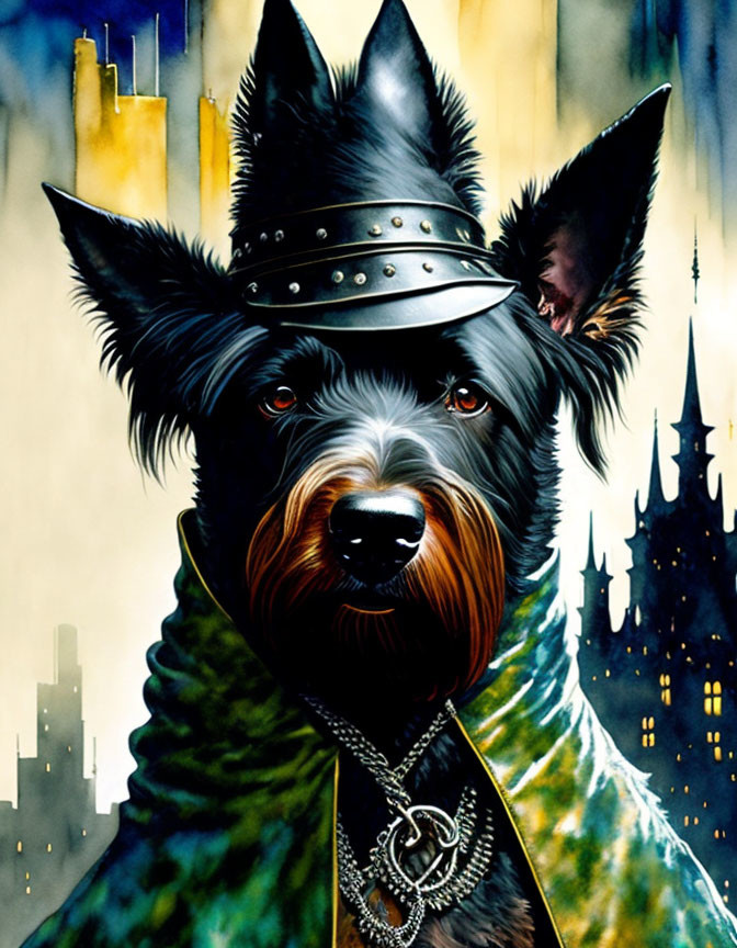 Stylized painting of Scottie dog in detective attire against cityscape background