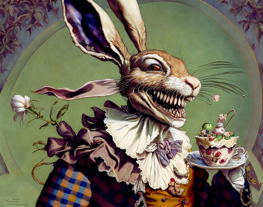 Anthropomorphic rabbit in fancy attire with teacup and saucer against leafy backdrop