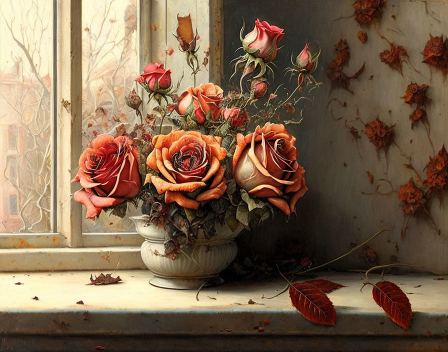 Vibrant roses in a vase on window ledge with fallen leaves and soft light