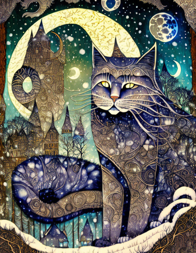 Illustration of large cat under starry sky with crescent moon, castle, and trees