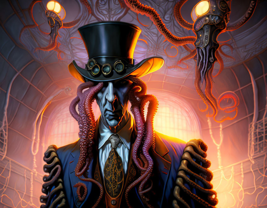 Steampunk-inspired figure with octopus head, tentacles, top hat, and goggles in industrial