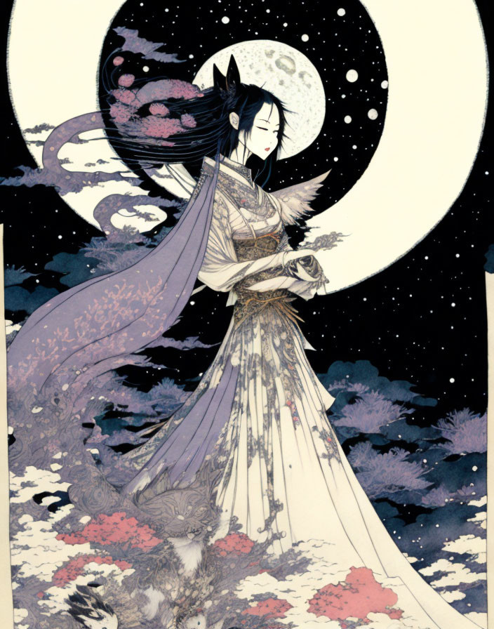 Serene black-haired character in traditional attire with wolf under moonlit sky