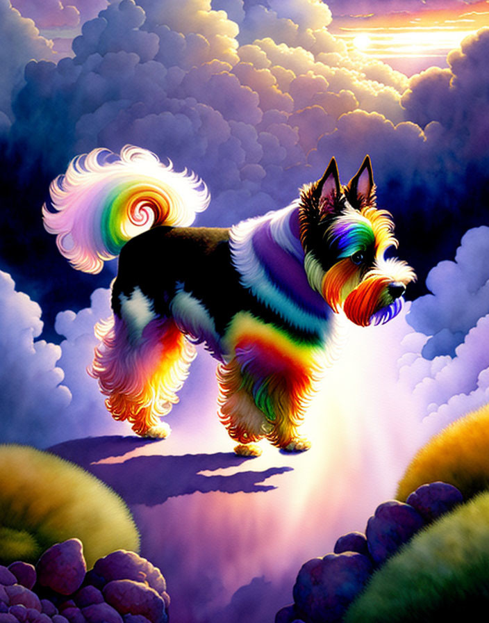 Fantastical dog illustration with rainbow coat on clouds.