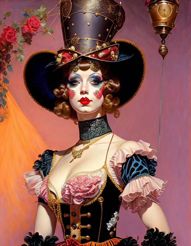 Portrait of a woman in theatrical costume with frills, roses, hat, and choker
