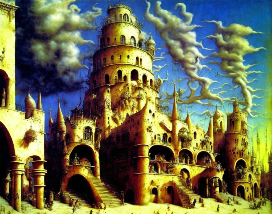 Fantastical painting of towering castle with surreal architecture under blue sky