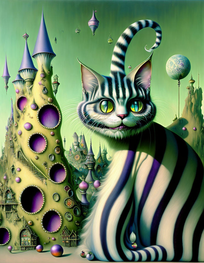 Illustration of striped cat in front of whimsical towers with celestial background