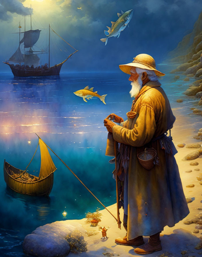 Elderly fisherman by serene sea at dusk with fish and ship in background