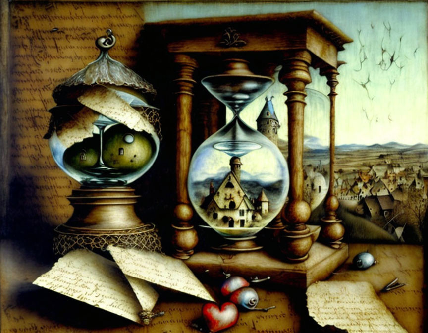 Surrealist painting with hourglasses, floating spheres, landscapes, parchments, heart, and