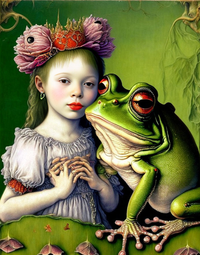 Surreal portrait of girl with pale skin and red lips beside large green frog on floral green backdrop
