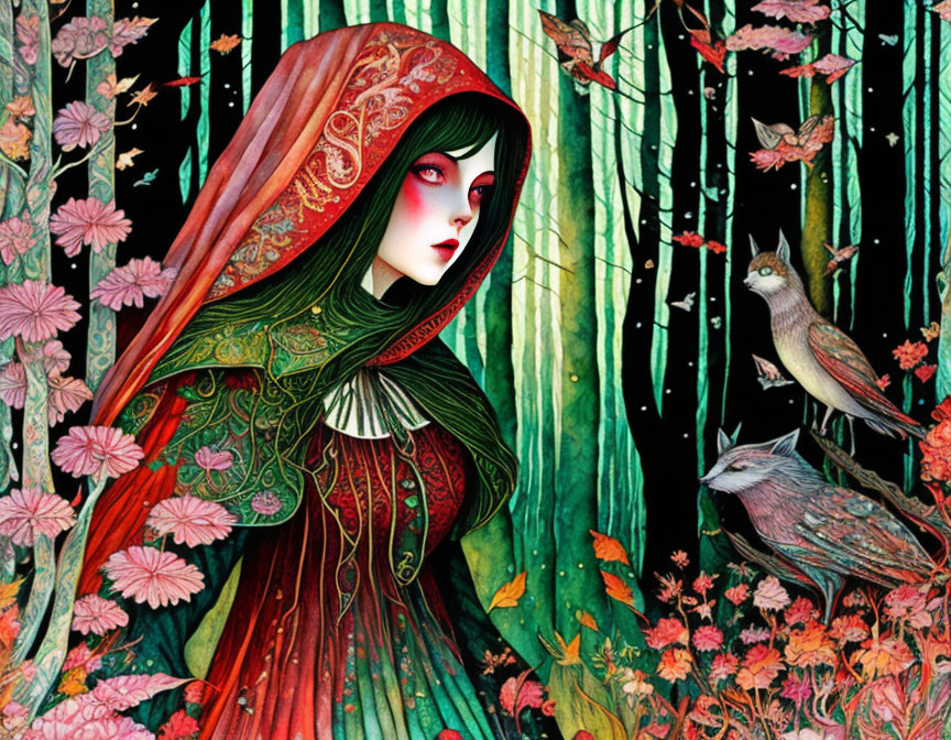Detailed Illustration of Woman in Red Cloak in Mystical Forest