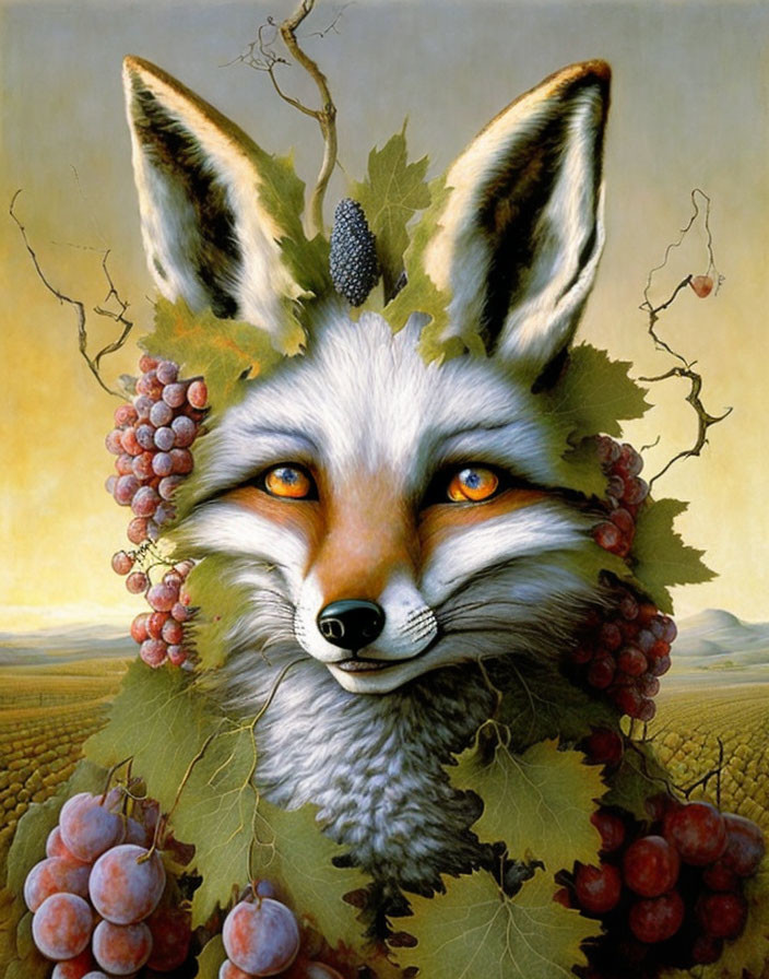 Fox's Head with Grapevines and Grapes in Rural Landscape