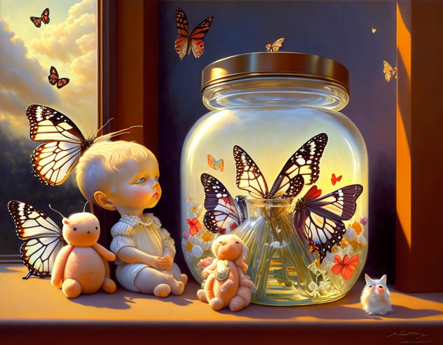Child with toys watching butterflies at sunset in warm colors