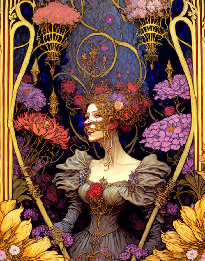 Detailed Art Nouveau Woman Illustration with Floral Patterns