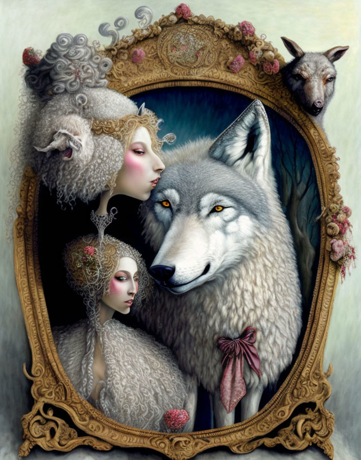 Intricate wolf and sheep-women hybrid illustration in ornate mirror frame