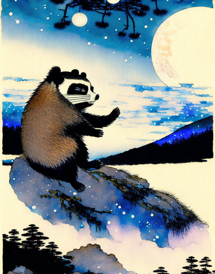 Illustration of raccoon under moonlit sky on cliff with pine tree silhouettes