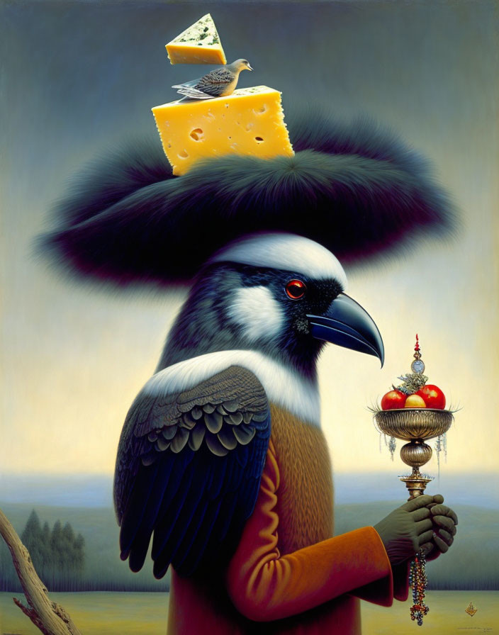 Surreal painting of bird with human-like arms wearing cheese hat and holding golden cup