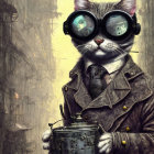 Steampunk-themed anthropomorphic cat in futuristic industrial setting
