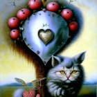 Surreal painting: fluffy cat, strawberries, heart-shaped tree, mirror.
