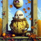 Fantasy illustration of alien creature in pumpkin with fallen leaves and oranges