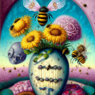 Surreal painting: Woman's face on egg-shaped canvas with flowers and bees