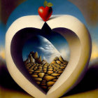 Surreal painting of two houses on cobblestone pathway in heart-shaped frame with floating red heart
