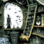 Mystical room with full moon, bats, whimsical figure, and magical artifacts