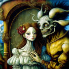 Surrealist painting with woman's face and goat-headed figure among clocks, roses, and Victorian attire