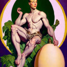 Male figure with bunny ears holding ornate egg in pastel frame surrounded by greenery