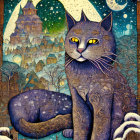 Illustration of large cat under starry sky with crescent moon, castle, and trees