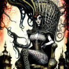 Gothic fantasy art of woman on ornate throne with mechanical tentacles