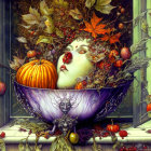 Detailed autumnal woman's face illustration with pumpkins, berries, and floral bowl