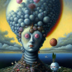 Surreal painting: humanoid figure in landscape body with pink-eyed entities