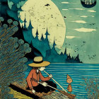 Illustration of person fishing in canoe with leaping fish, swimming dog, forest backdrop, full moon