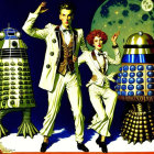 Men in white suits and bow ties with Daleks in cosmic setting.
