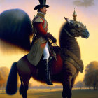 Surreal image: man in 19th-century military attire riding winged llama