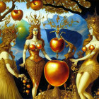 Four Women in Golden Outfits with Ornate Headpieces by Golden Apple Tree