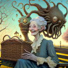 Elderly woman with basket smiles near looming octopus creature